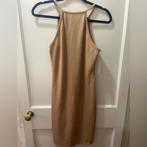 Tan Form Fitting Dress Above the Knee